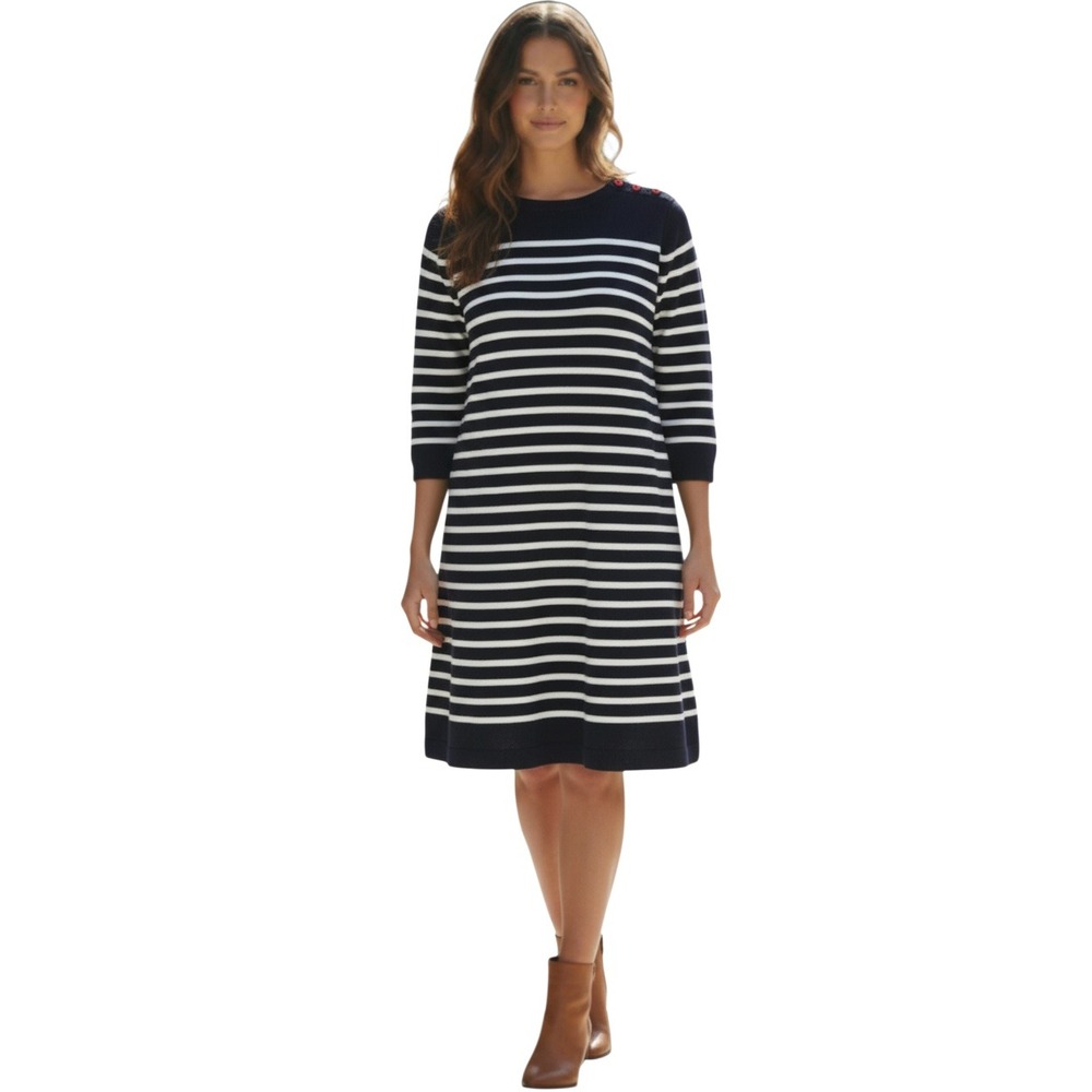Allihop Navy Blue White Striped 100% Cotton Dress Red Shoulder‎ Buttons S